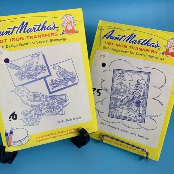 2 Vintage Aunt Martha's hot iron transfers birds & mountain scenes - Picture 1 of 12